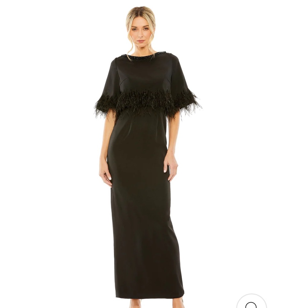 MAC DUGGAL QUARTER SLEEVE CRYSTAL NECK FEATHER DETAIL DRESS